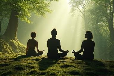 Photo essay cover showing meditative practitioners in natural forest setting