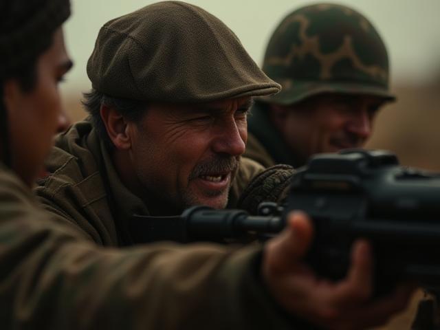 Dramatic frontline conflict scene with photojournalist capturing the moment
