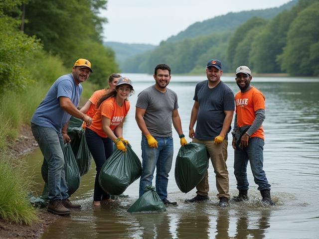 Volunteers participating in a river cleanup environmental campaign